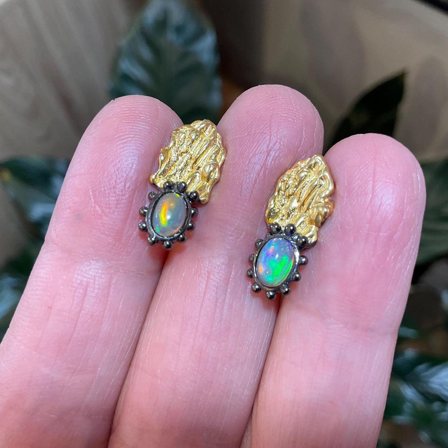 Sterling Silver Gold Natural rainbow opal abstract stud earrings