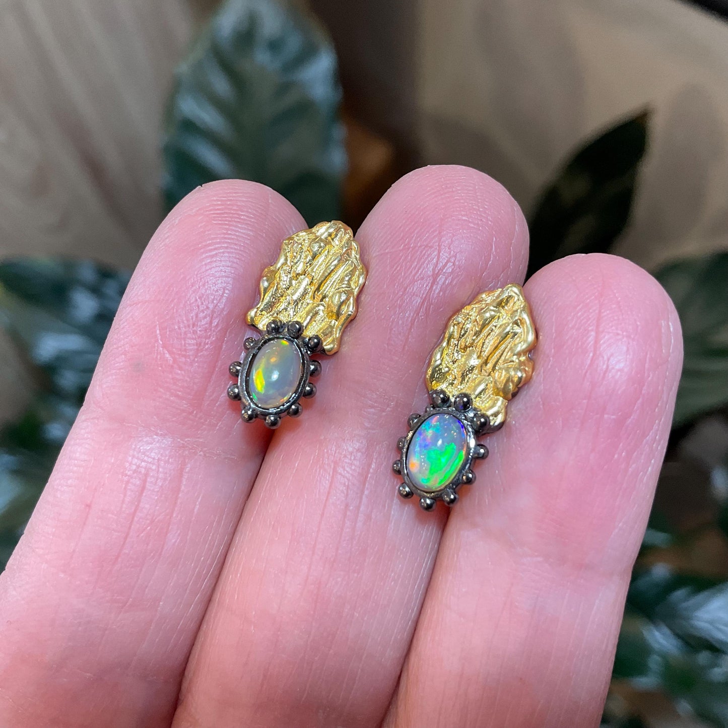 Sterling Silver Gold Natural rainbow opal abstract stud earrings