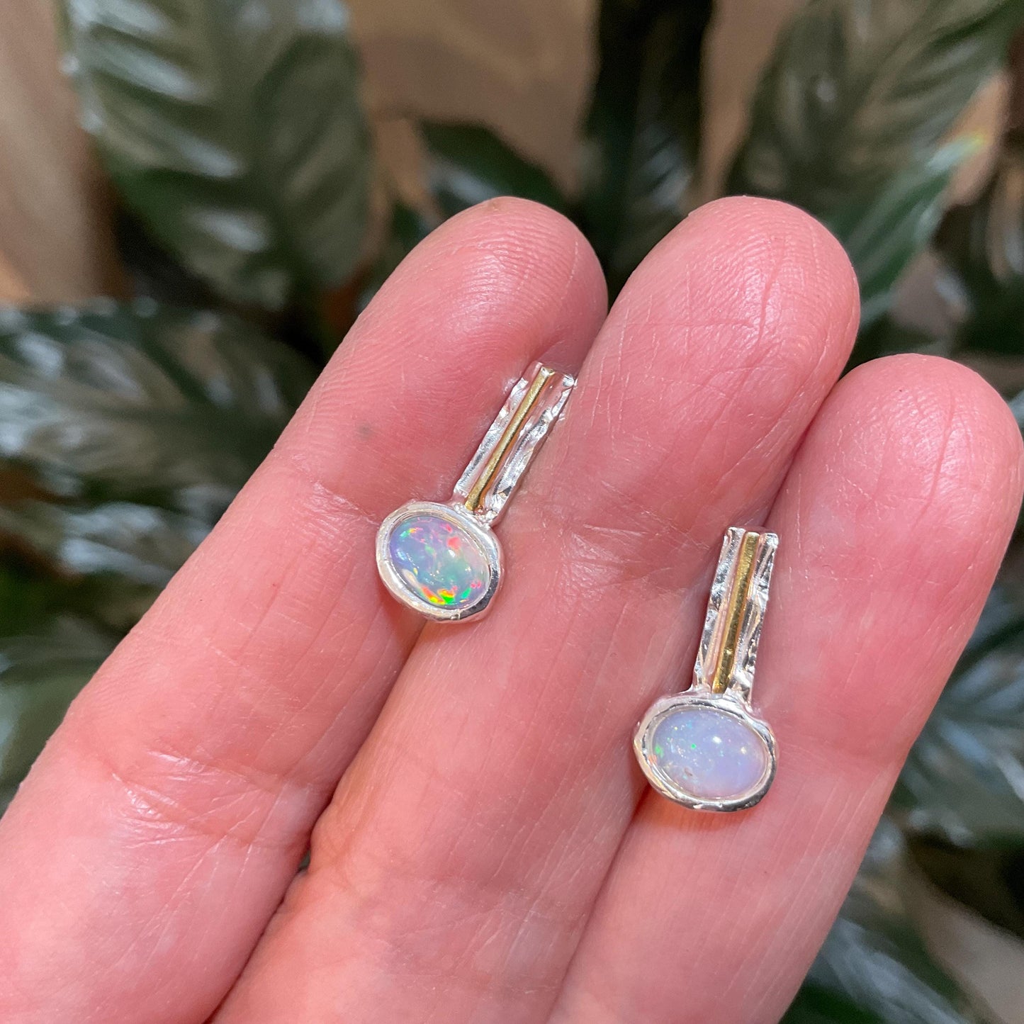 sterling silver rainbow natural opal modern art Stud earrings