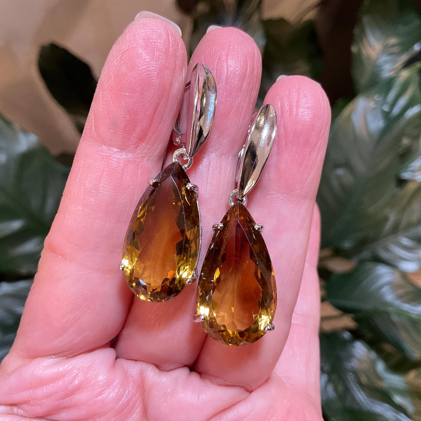 Sterling silver large pear shape citrine dangle fancy large earrings