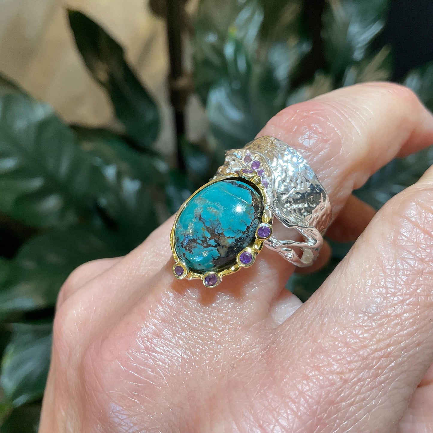 Sterling silver natural turquoise band amethyst ring 8.5