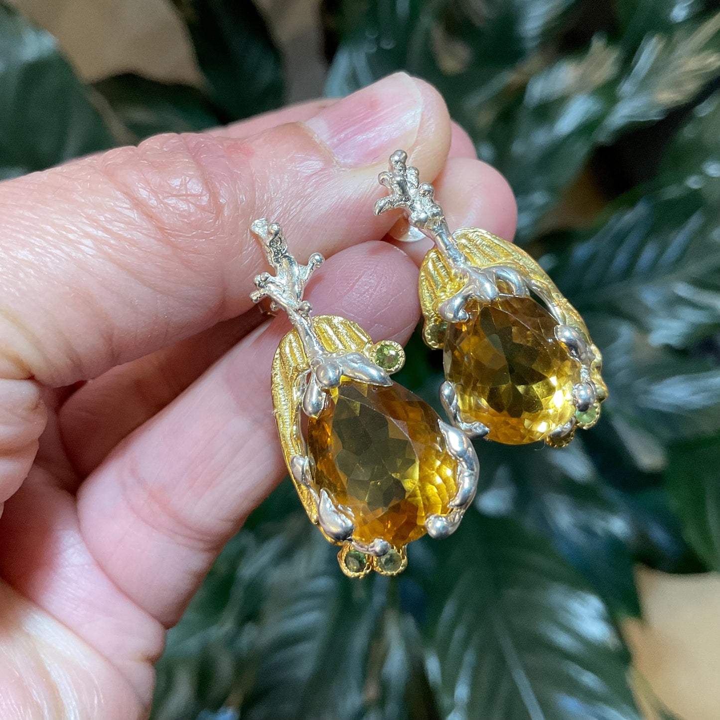 Sterling silver large citrine peridot natural art organic post earrings