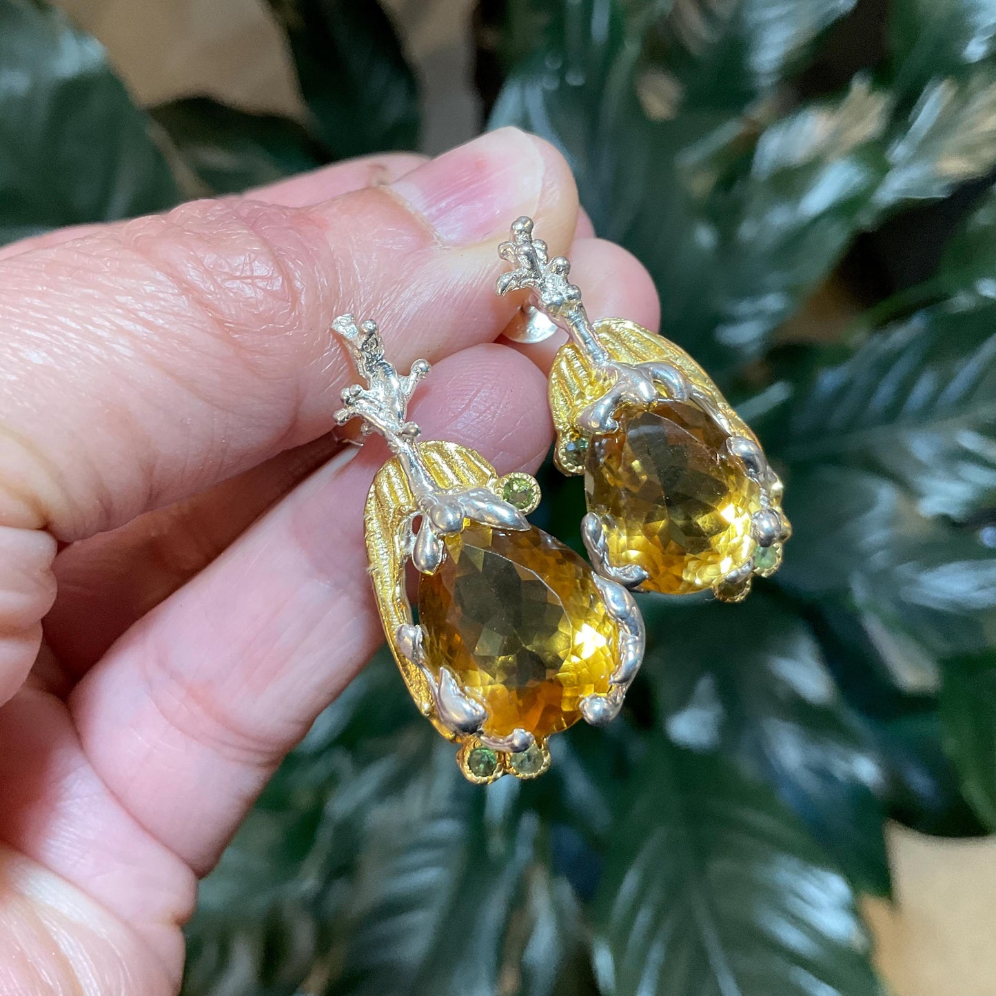 Sterling silver large citrine peridot natural art organic post earrings
