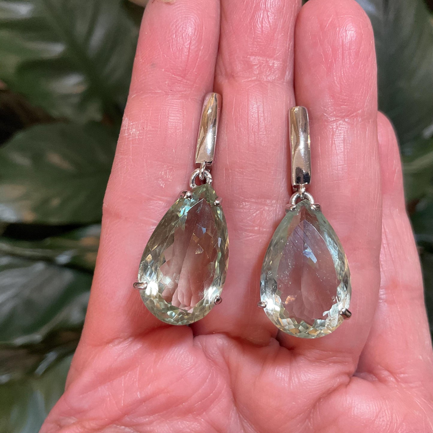 Sterling silver green amethyst pear shape fancy earrings