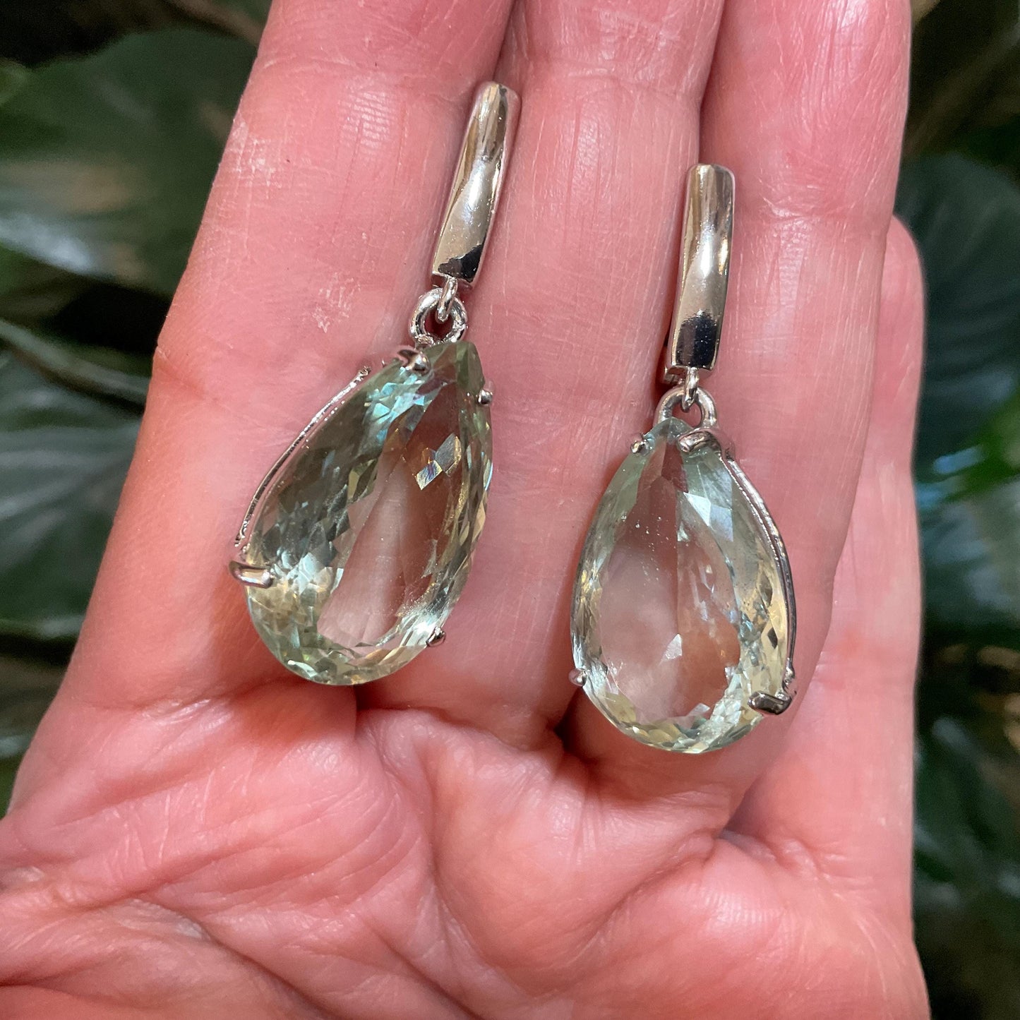 Sterling silver green amethyst pear shape fancy earrings