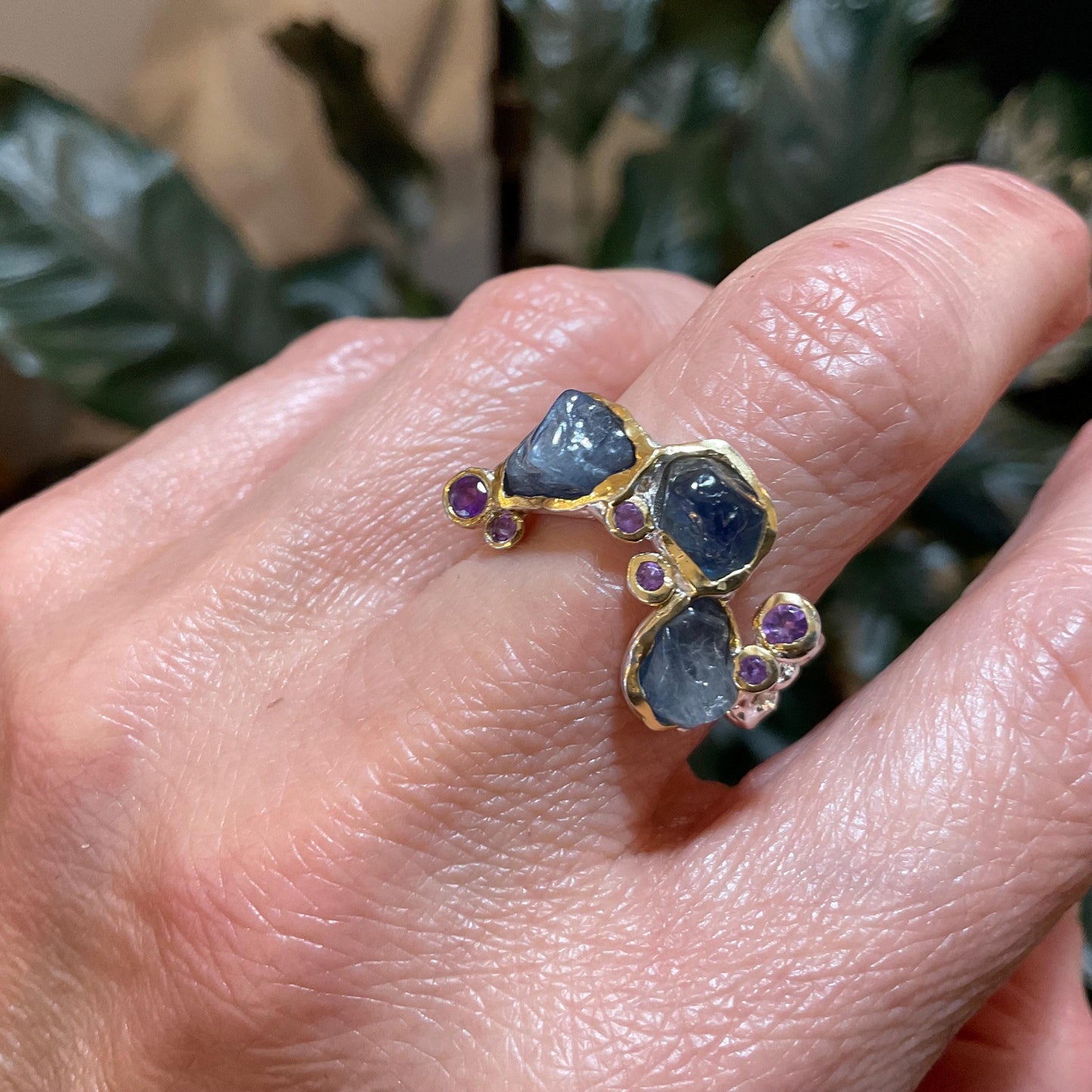 Sterling Silver blue sapphire amethyst brutalist band ring 7.5