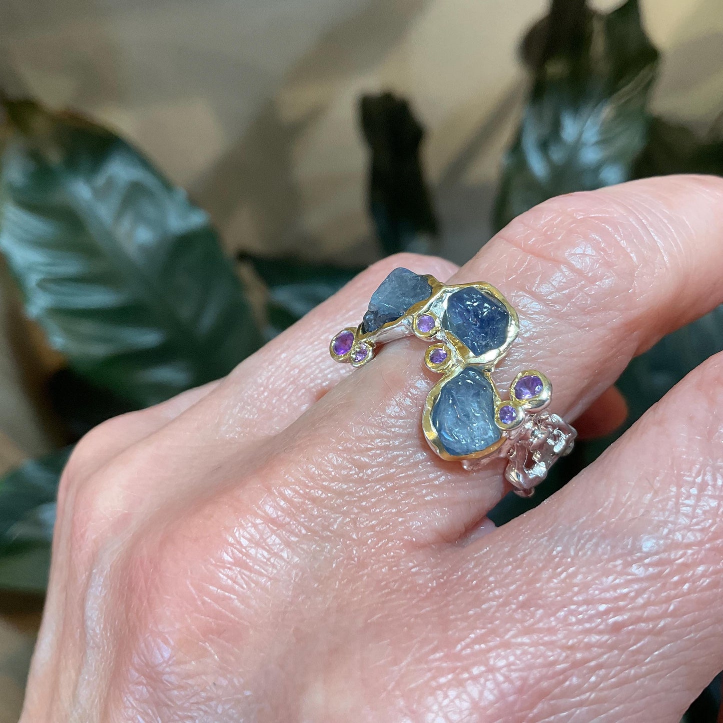 Sterling Silver blue sapphire amethyst brutalist band ring 7.5
