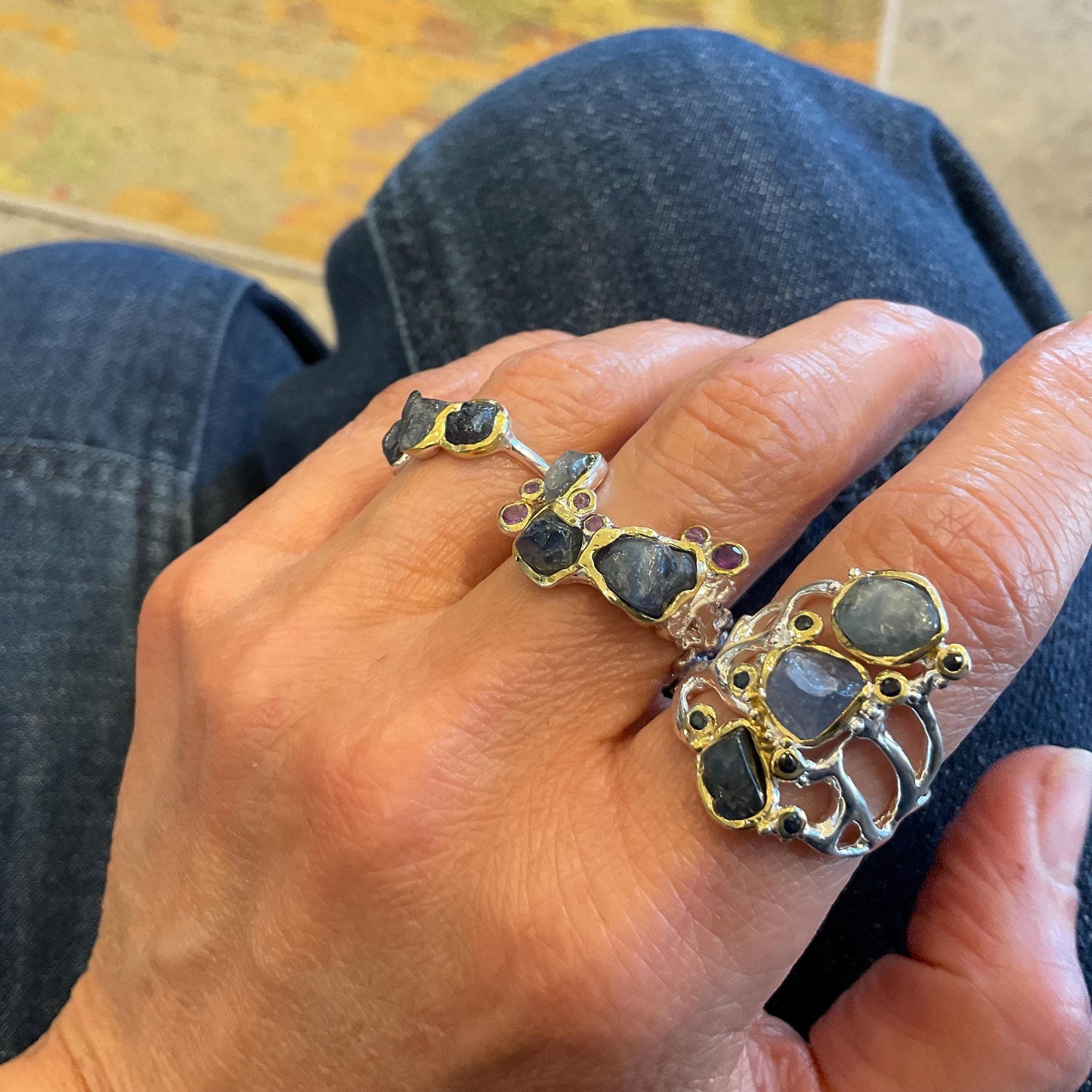 Sterling Silver blue sapphire brutalist band ring 7.5 Colors Of Etnika