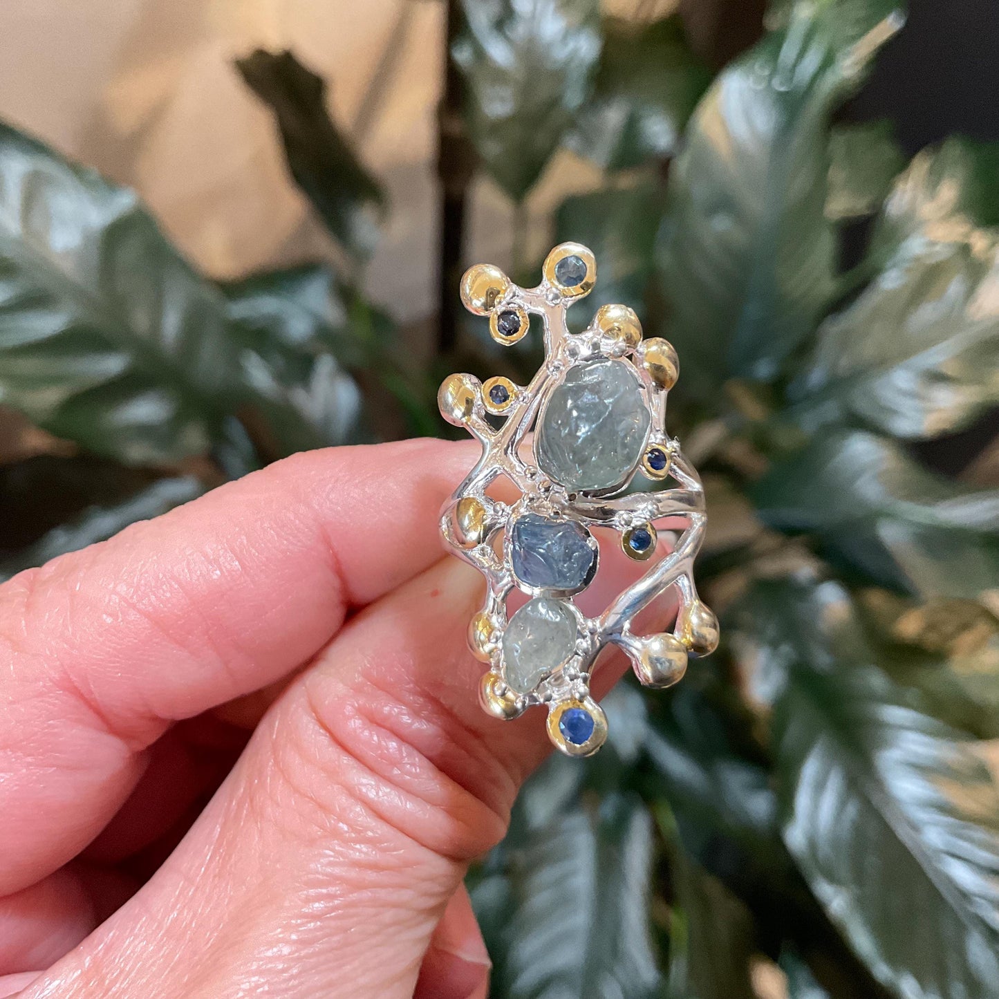 Sterling Silver blue sapphire wide brutalist band ring 7.5