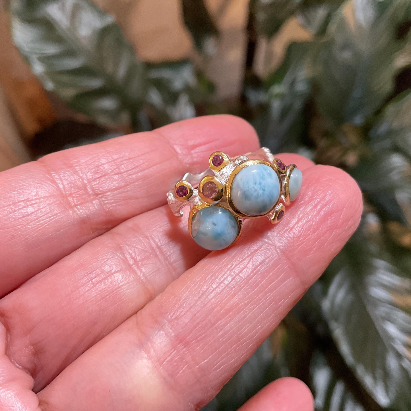 Sterling Silver Dominican blue Larimar rhodolite Organic ring 7