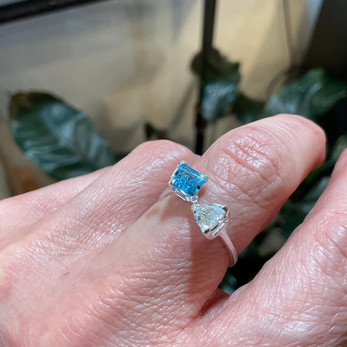 Sterling silver natural Blue topaz dainty open adjustable ring 7 8