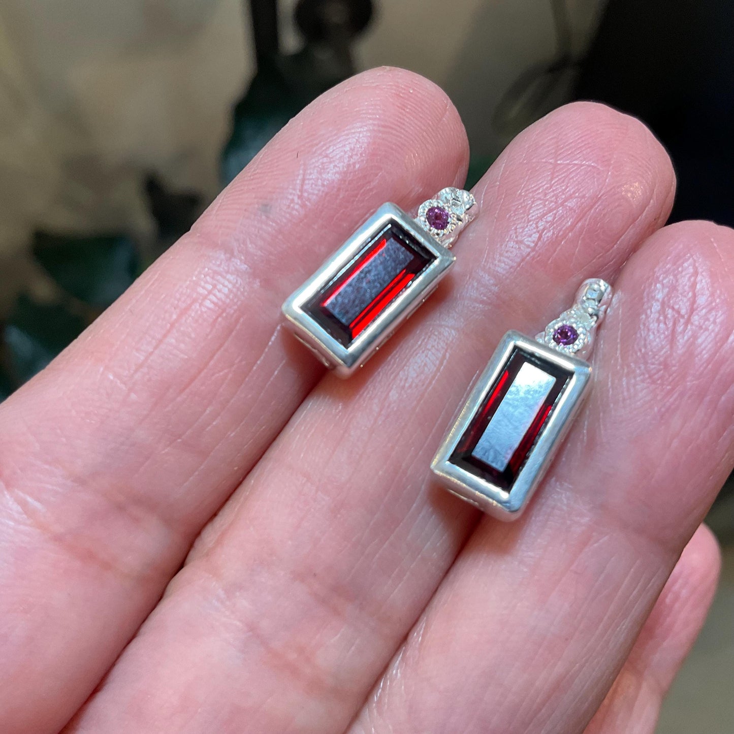 sterling Silver natural Red garnet baguette rhodolite stud earrings