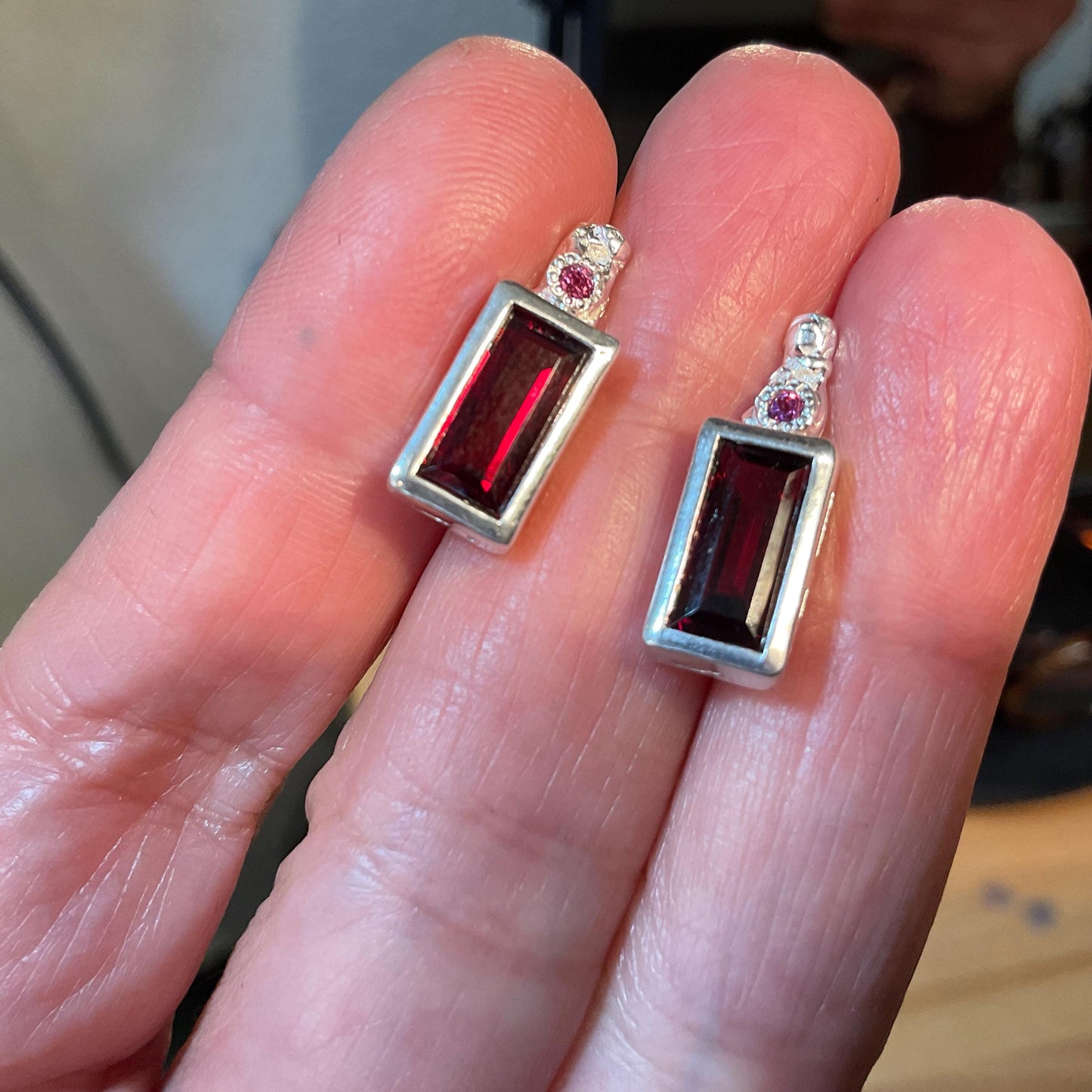sterling Silver natural Red garnet baguette rhodolite stud earrings