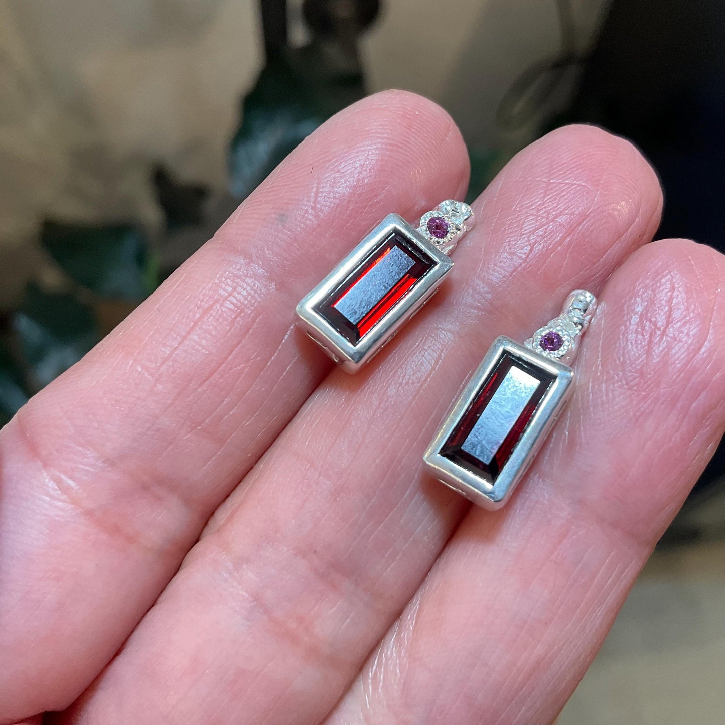 sterling Silver natural Red garnet baguette rhodolite stud earrings