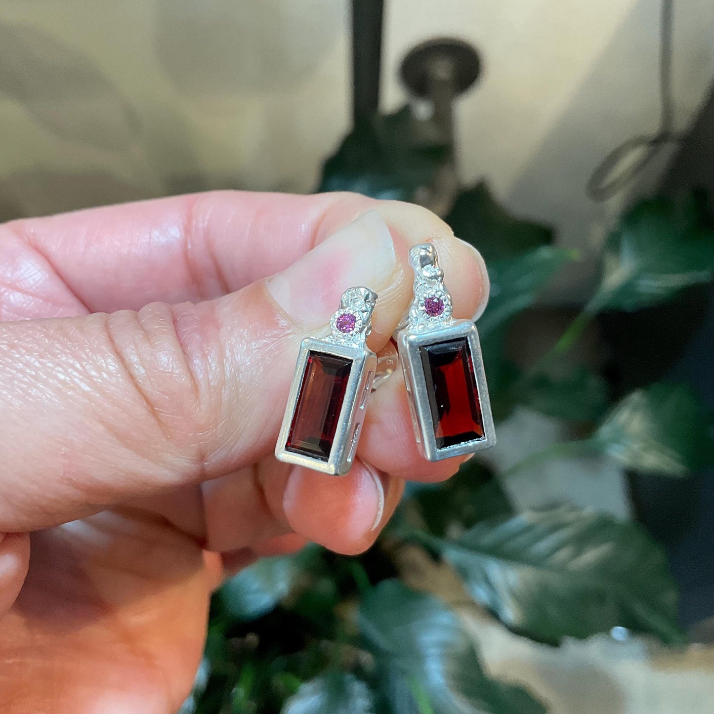 sterling Silver natural Red garnet baguette rhodolite stud earrings