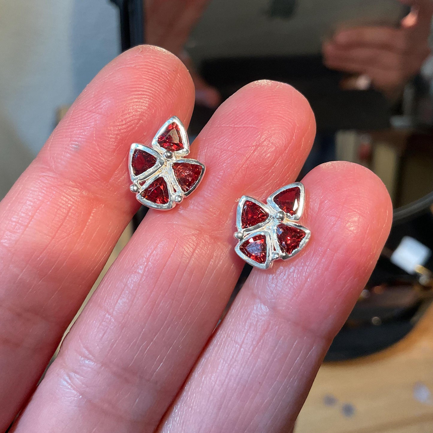 sterling Silver natural Red garnet stud small earrings