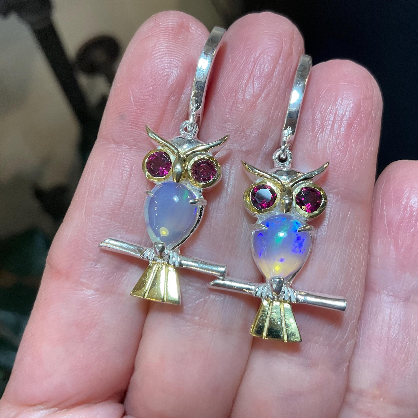 Sterling Silver natural rainbow Opal rhodolite owl dangle earrings Colors Of Etnika