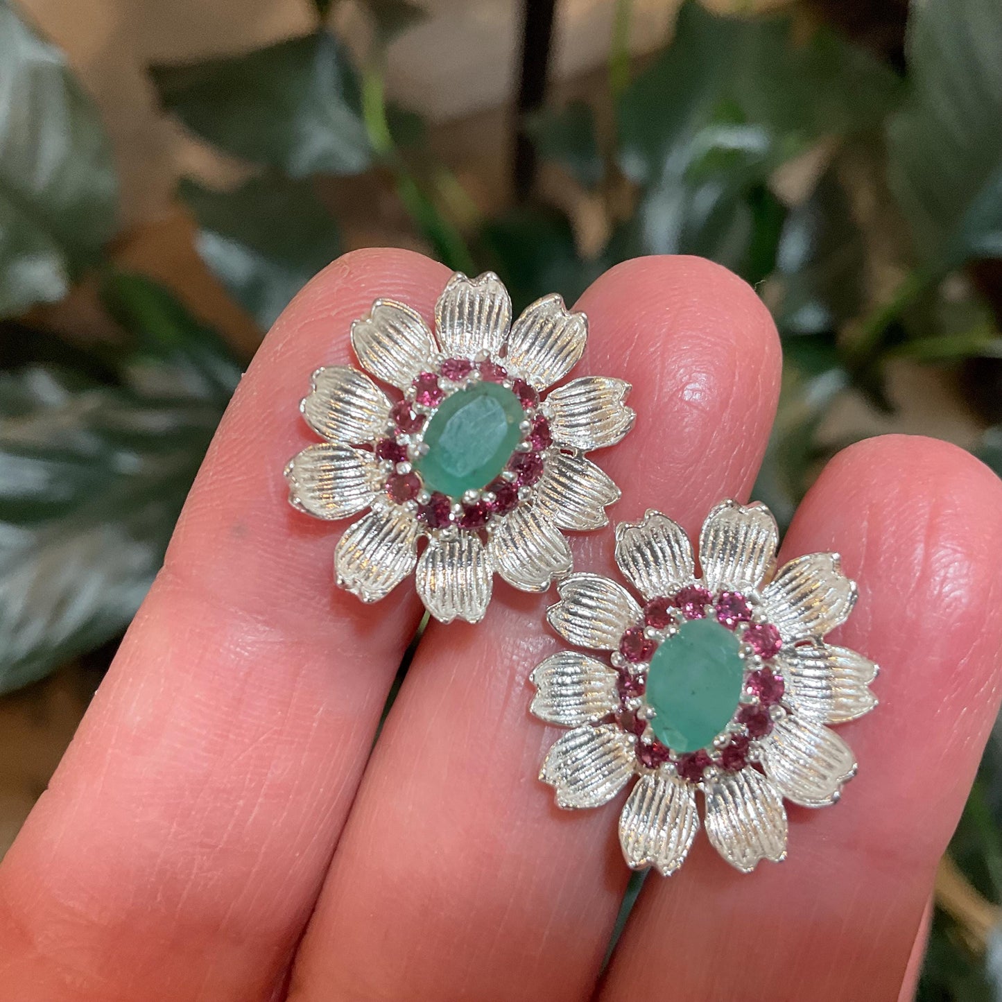 Sterling silver natural green emerald flower rhodolite post earrings