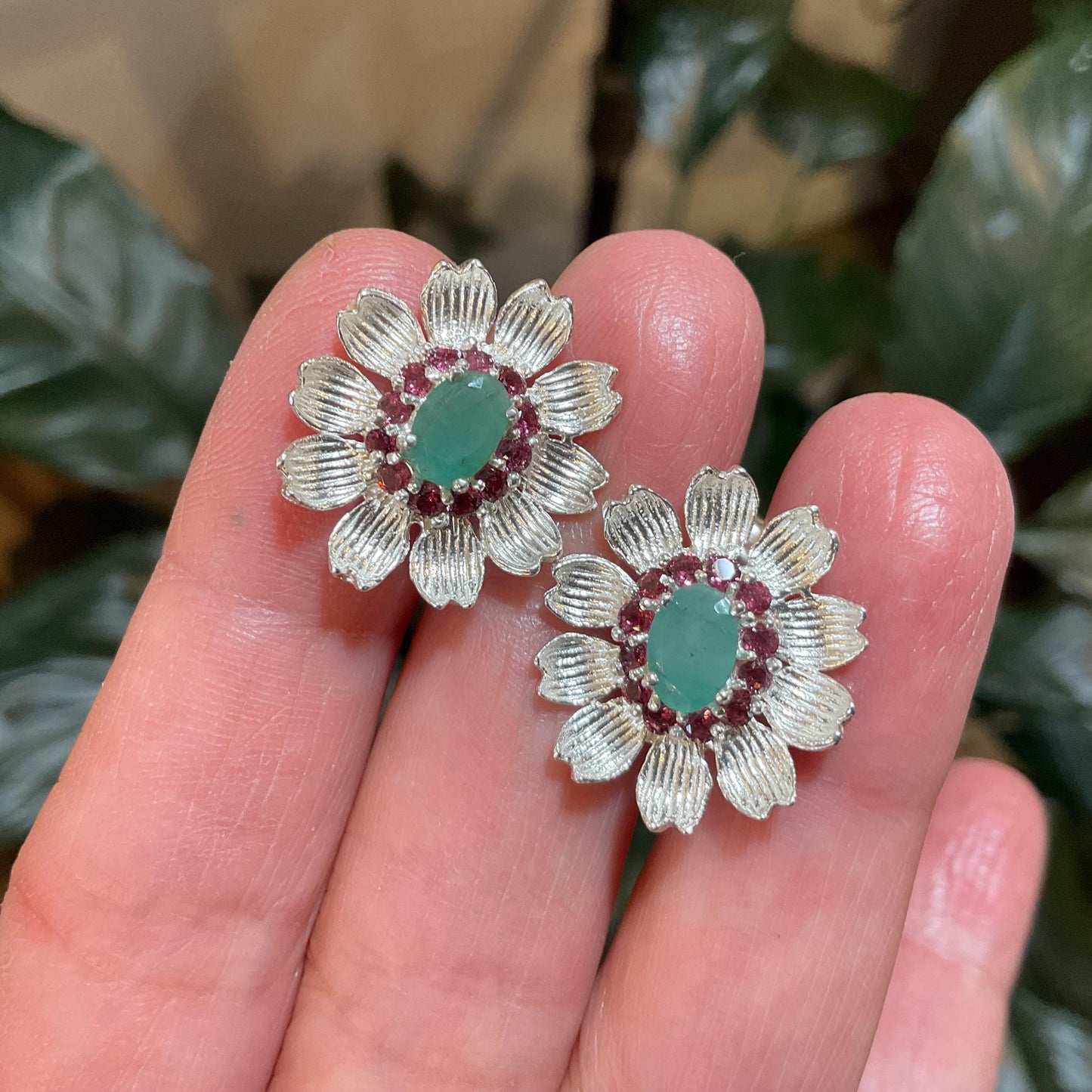 Sterling silver natural green emerald flower rhodolite post earrings