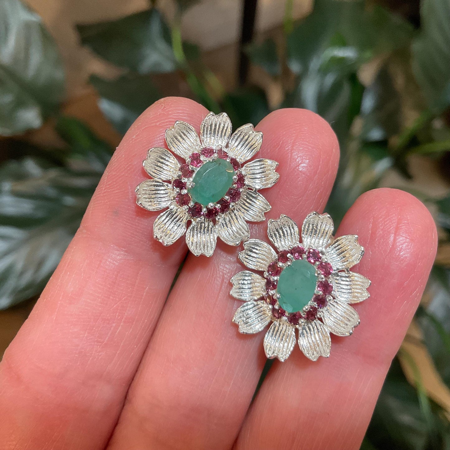 Sterling silver natural green emerald flower rhodolite post earrings