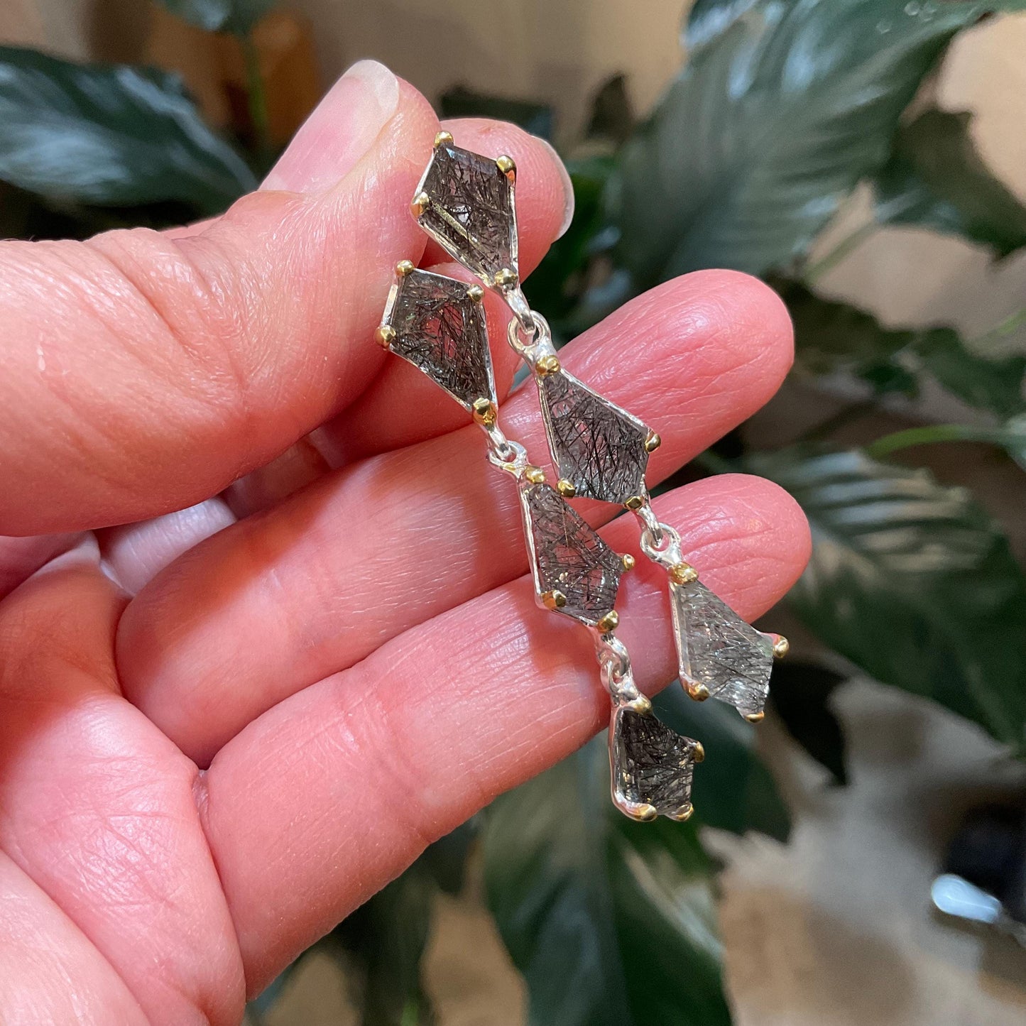 sterling silver Rutile quartz long dangle Artisan handmade earrings