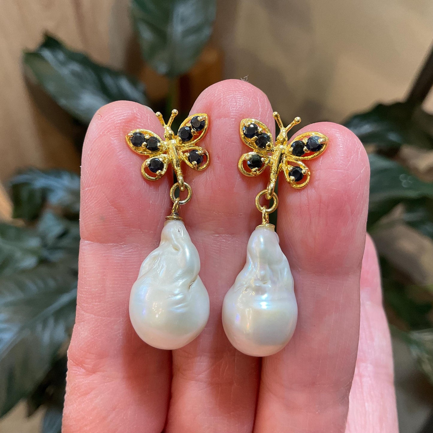 Sterling Silver natural sapphire white natural baroque pearl Gold butterfly Earrings