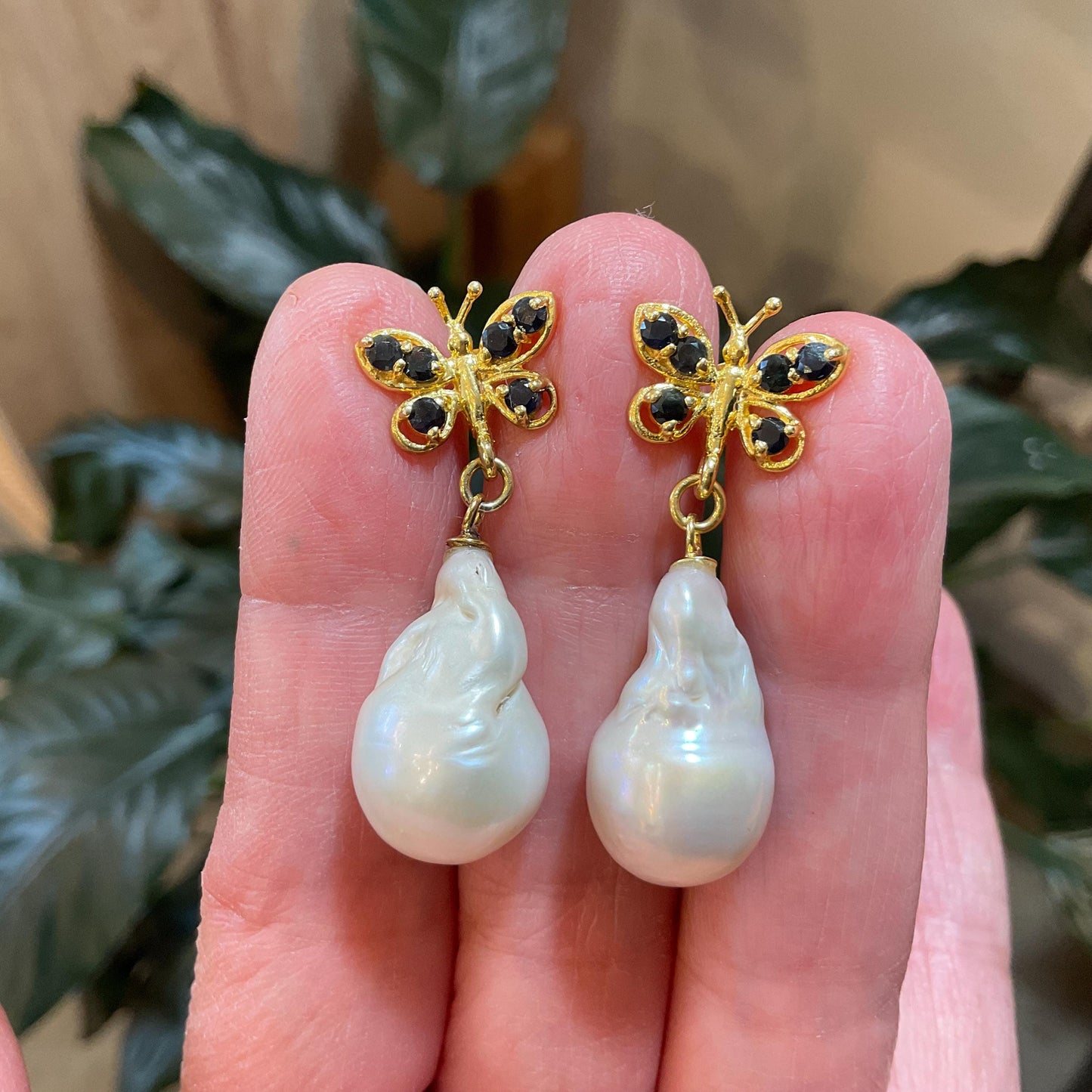 Sterling Silver natural sapphire white natural baroque pearl Gold butterfly Earrings
