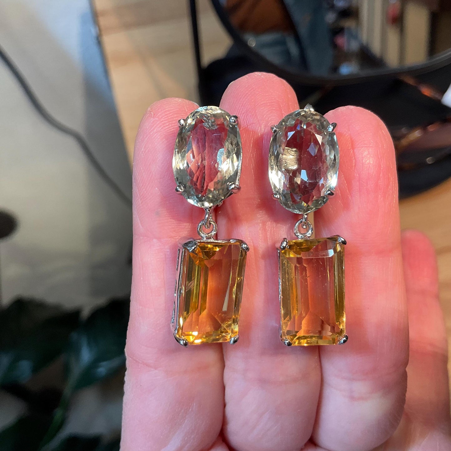 Sterling silver oval green amethyst baguette citrine dangle earrings