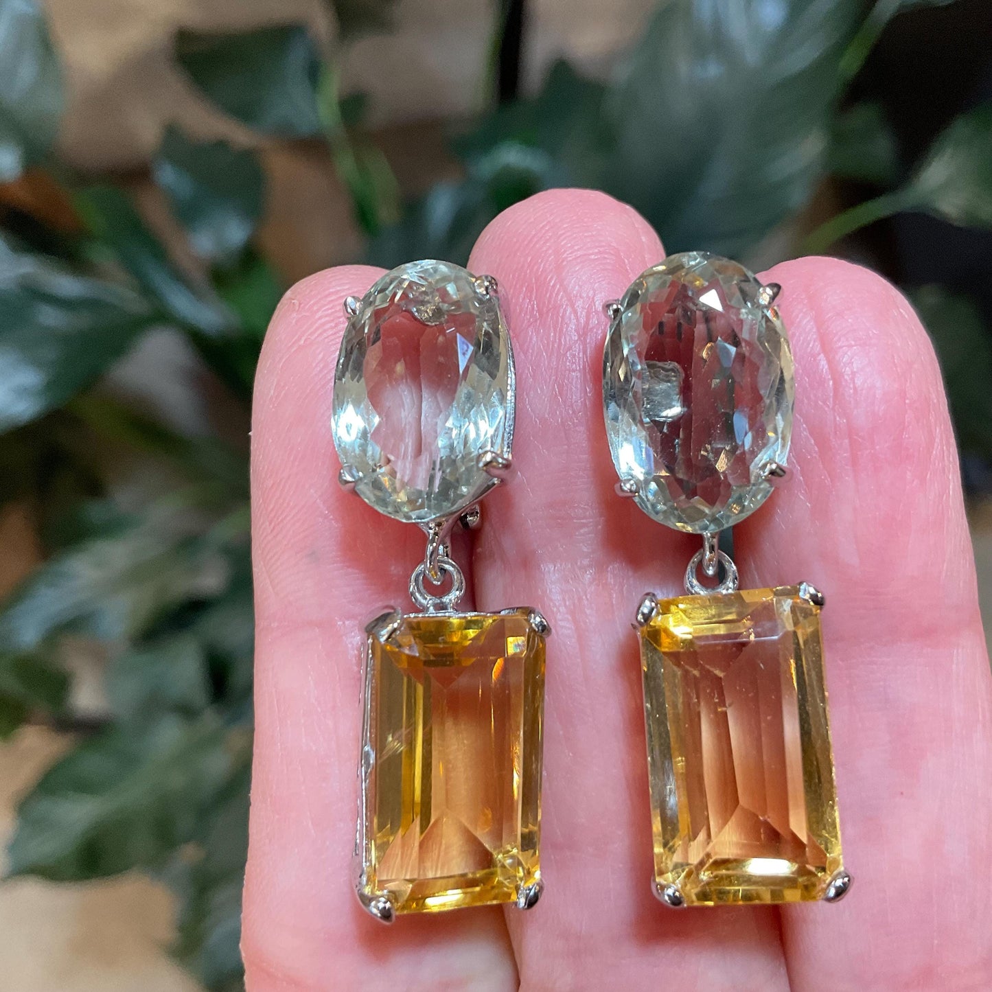 Sterling silver oval green amethyst baguette citrine dangle earrings