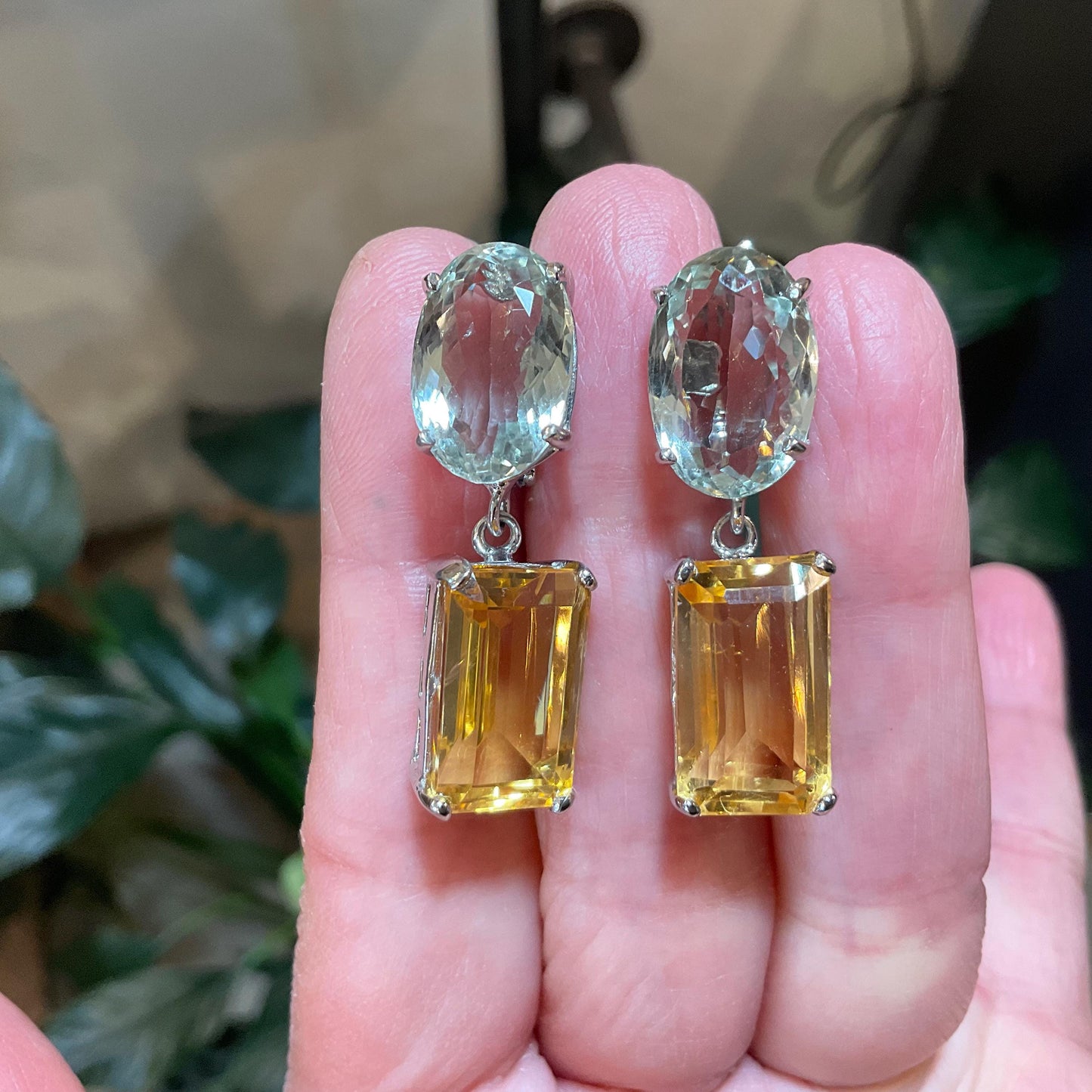 Sterling silver oval green amethyst baguette citrine dangle earrings