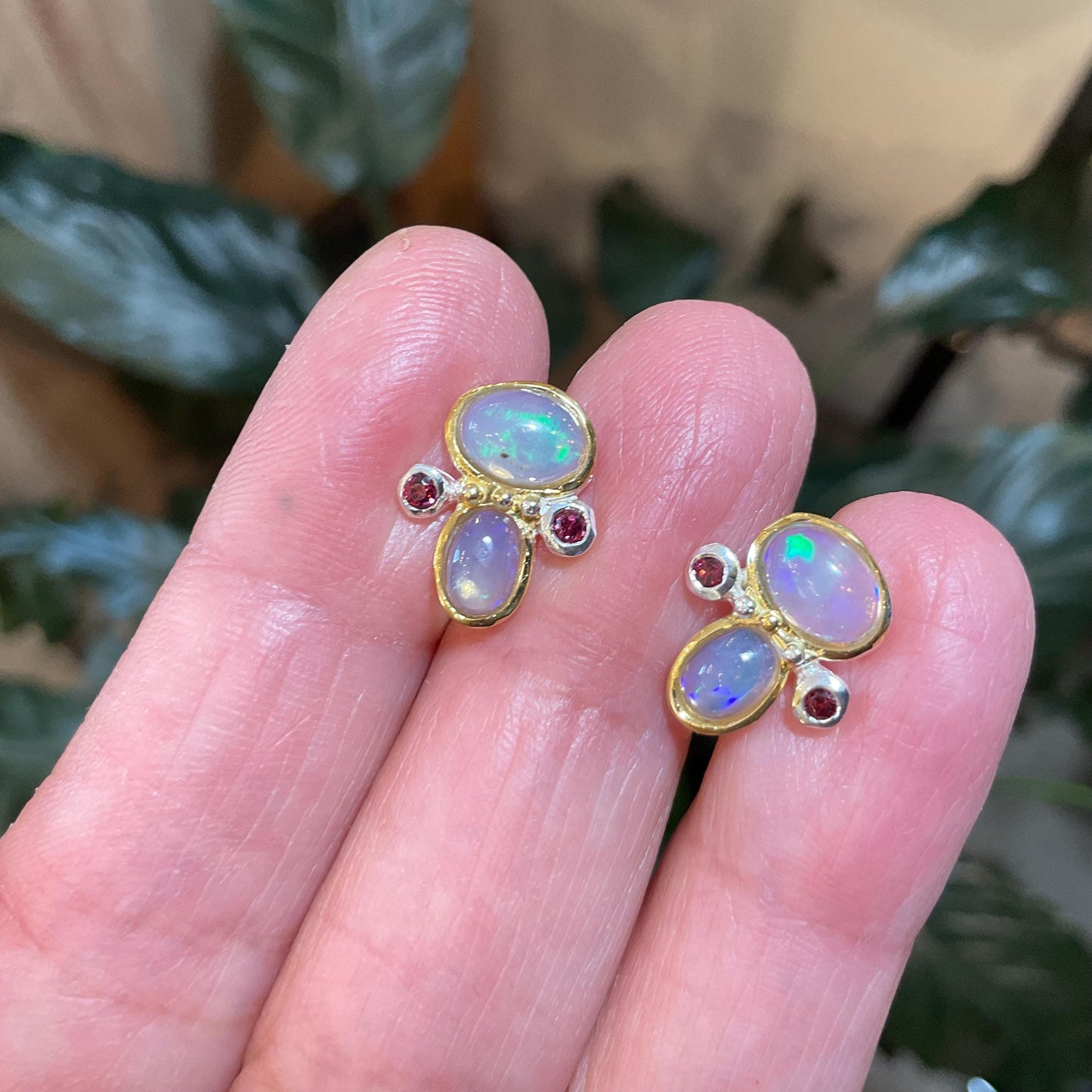 sterling silver rainbow natural opal rhodolite Stud earrings