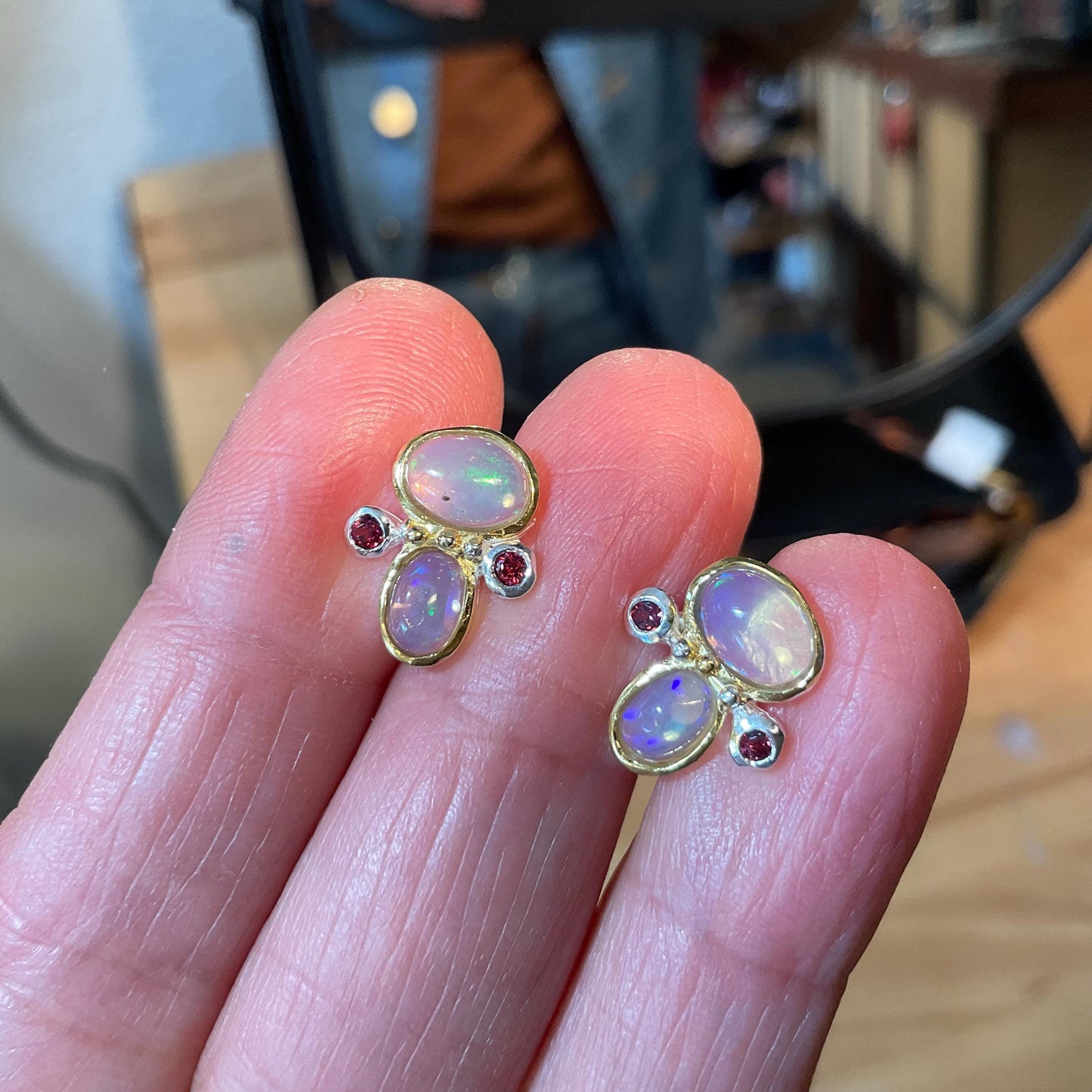 sterling silver rainbow natural opal rhodolite Stud earrings