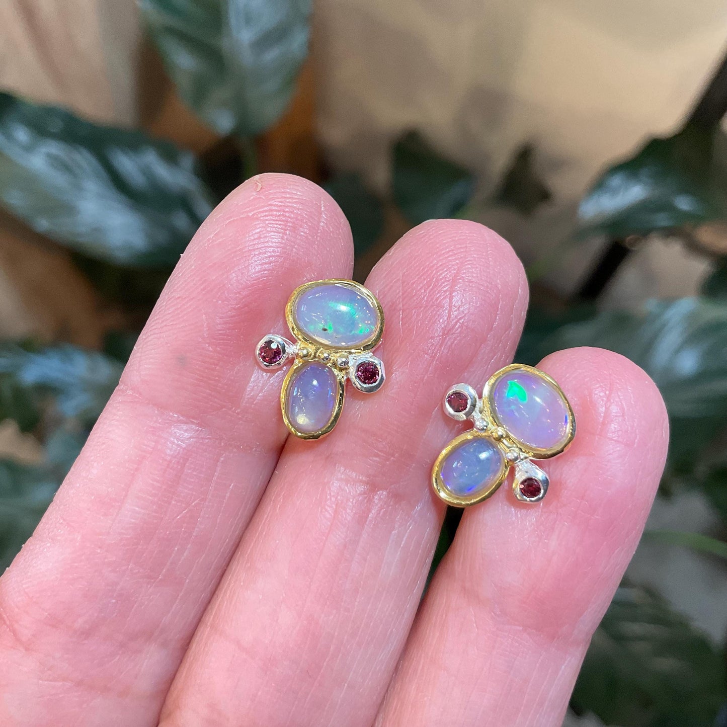 sterling silver rainbow natural opal rhodolite Stud earrings