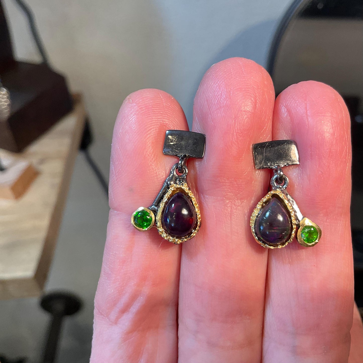 Sterling Silver black natural Opal chrome diopside small stud Earrings
