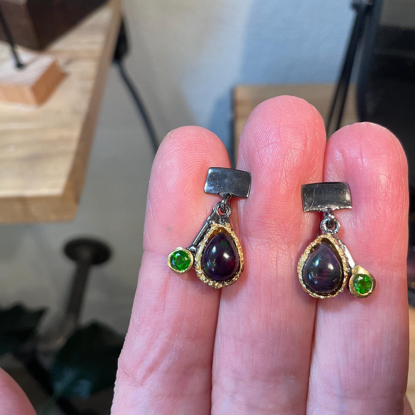 Sterling Silver black natural Opal chrome diopside small stud Earrings