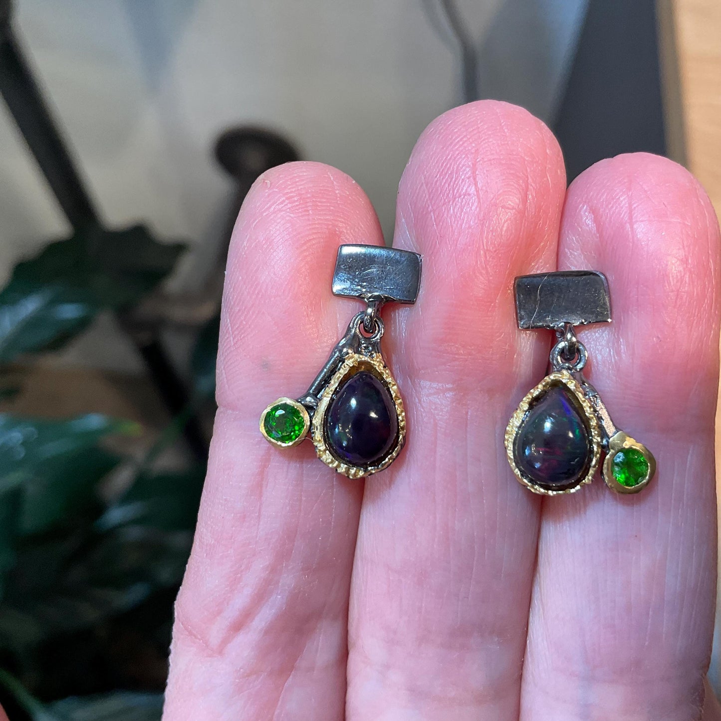 Sterling Silver black natural Opal chrome diopside small stud Earrings