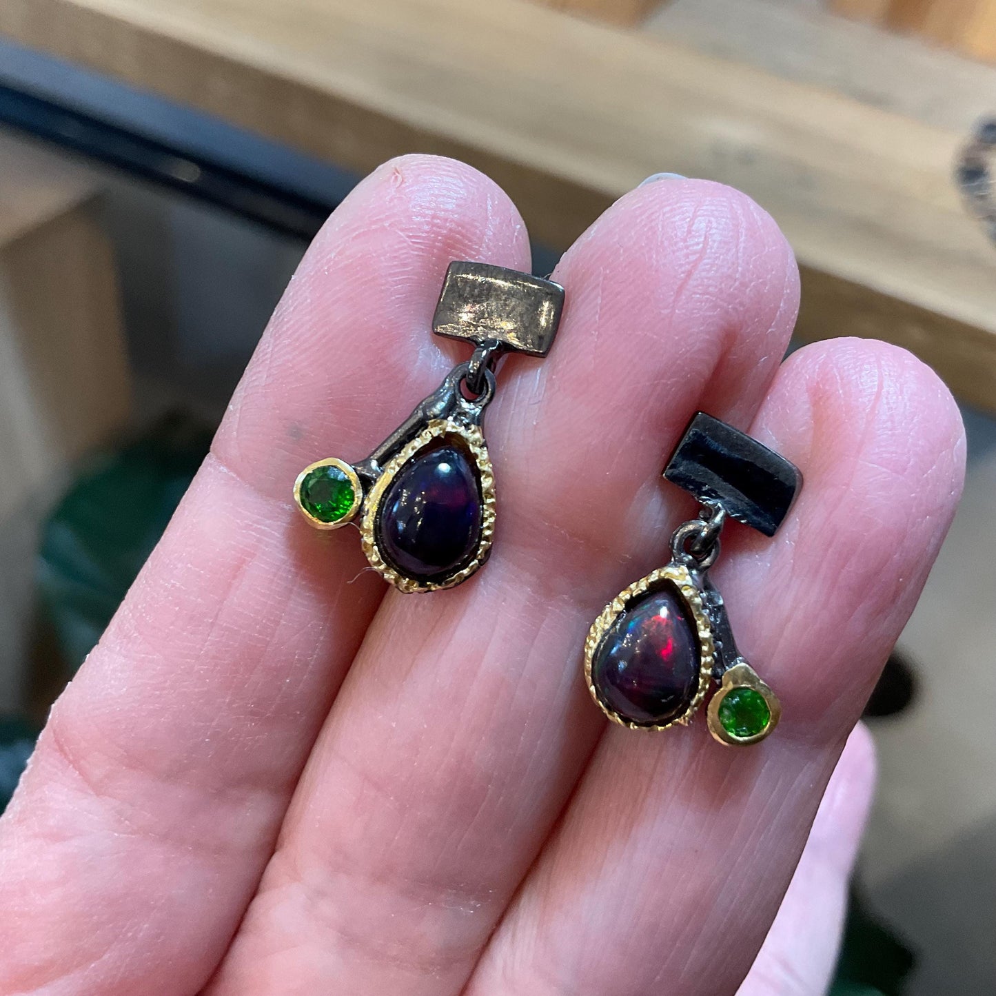 Sterling Silver black natural Opal chrome diopside small stud Earrings