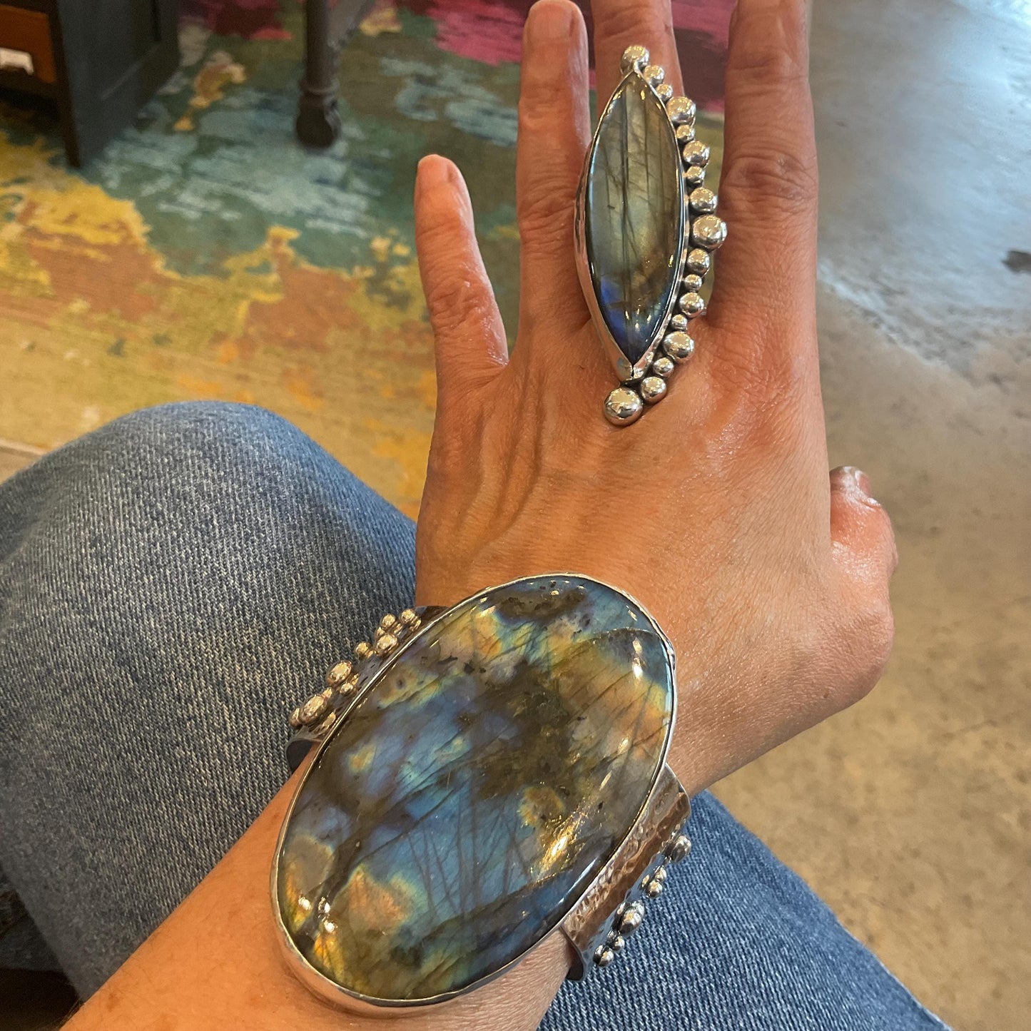 Sterling silver Abstract Modernist spectrolite massive 197ct labradorite cuff bracelet