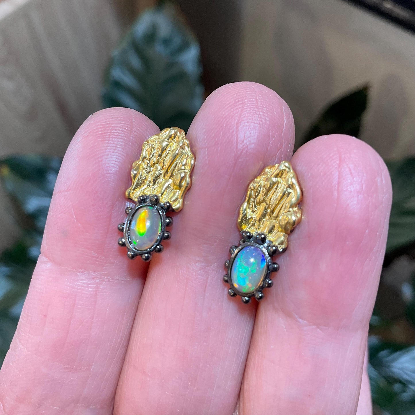Sterling Silver Gold Natural rainbow opal abstract stud earrings