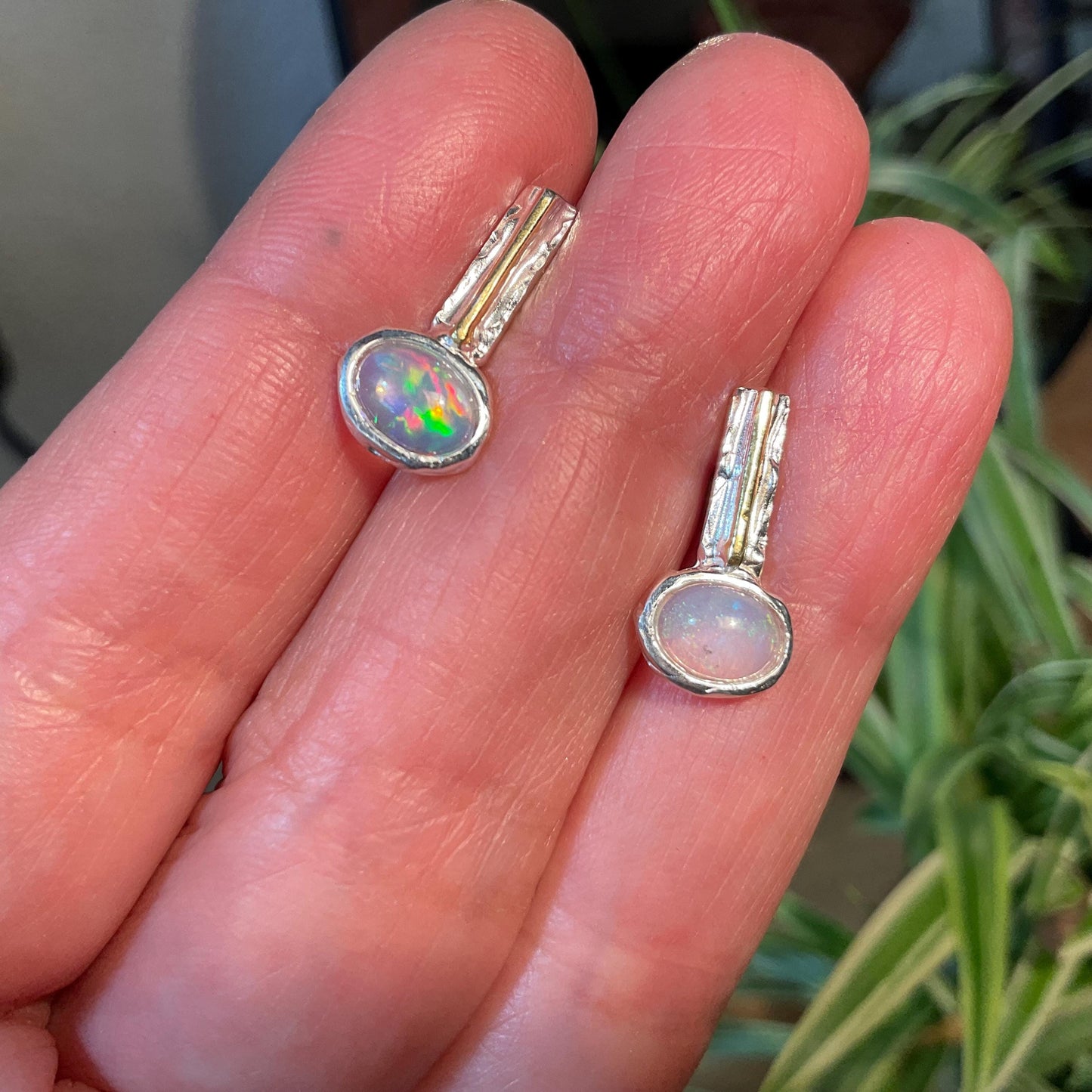 sterling silver rainbow natural opal modern art Stud earrings