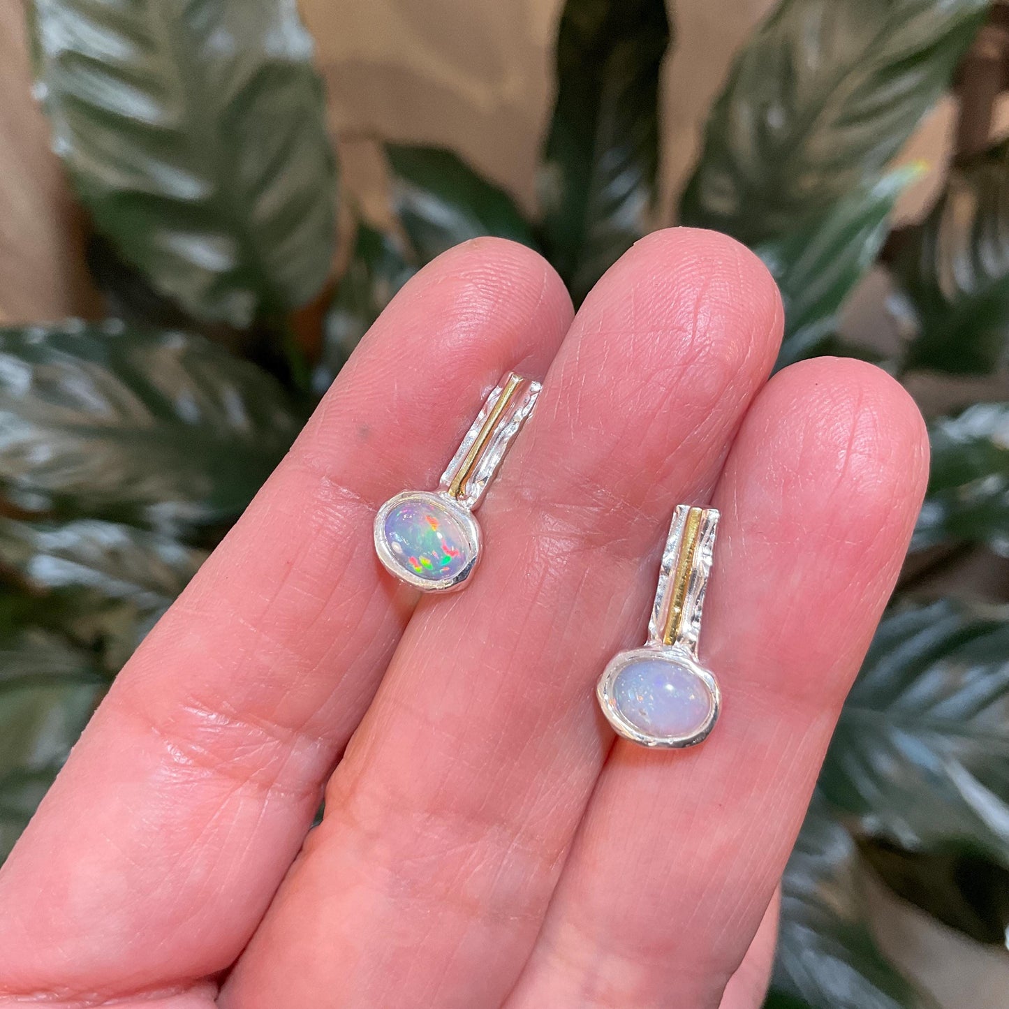 sterling silver rainbow natural opal modern art Stud earrings