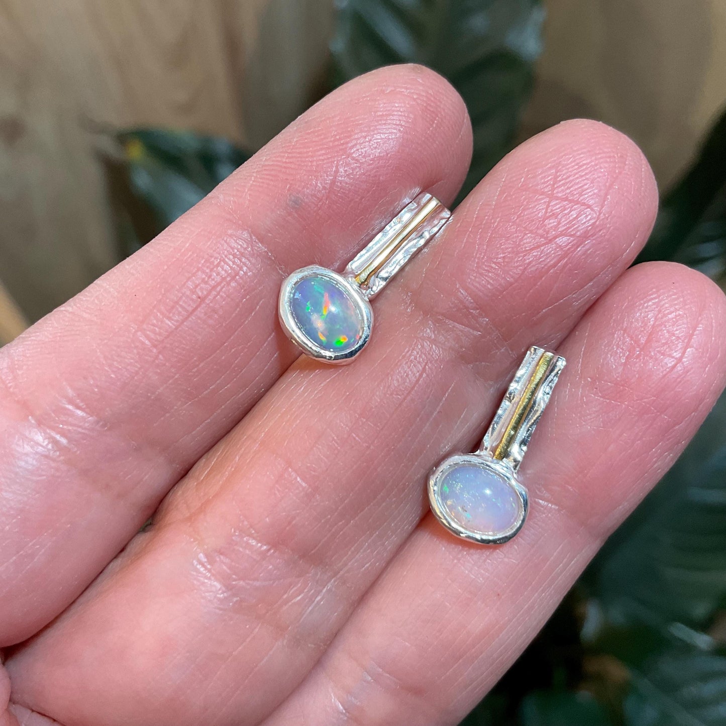 sterling silver rainbow natural opal modern art Stud earrings