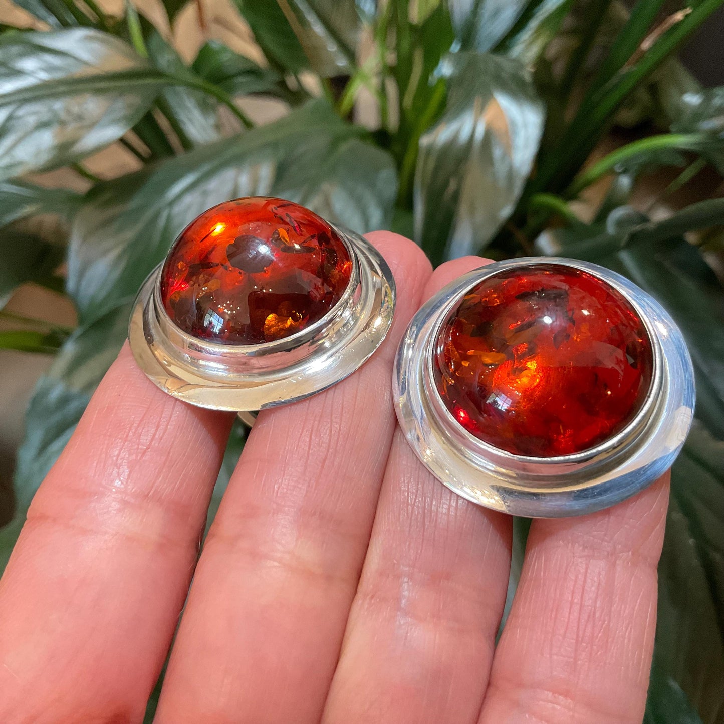 Sterling Silver cognac Amber huge round statement earrings