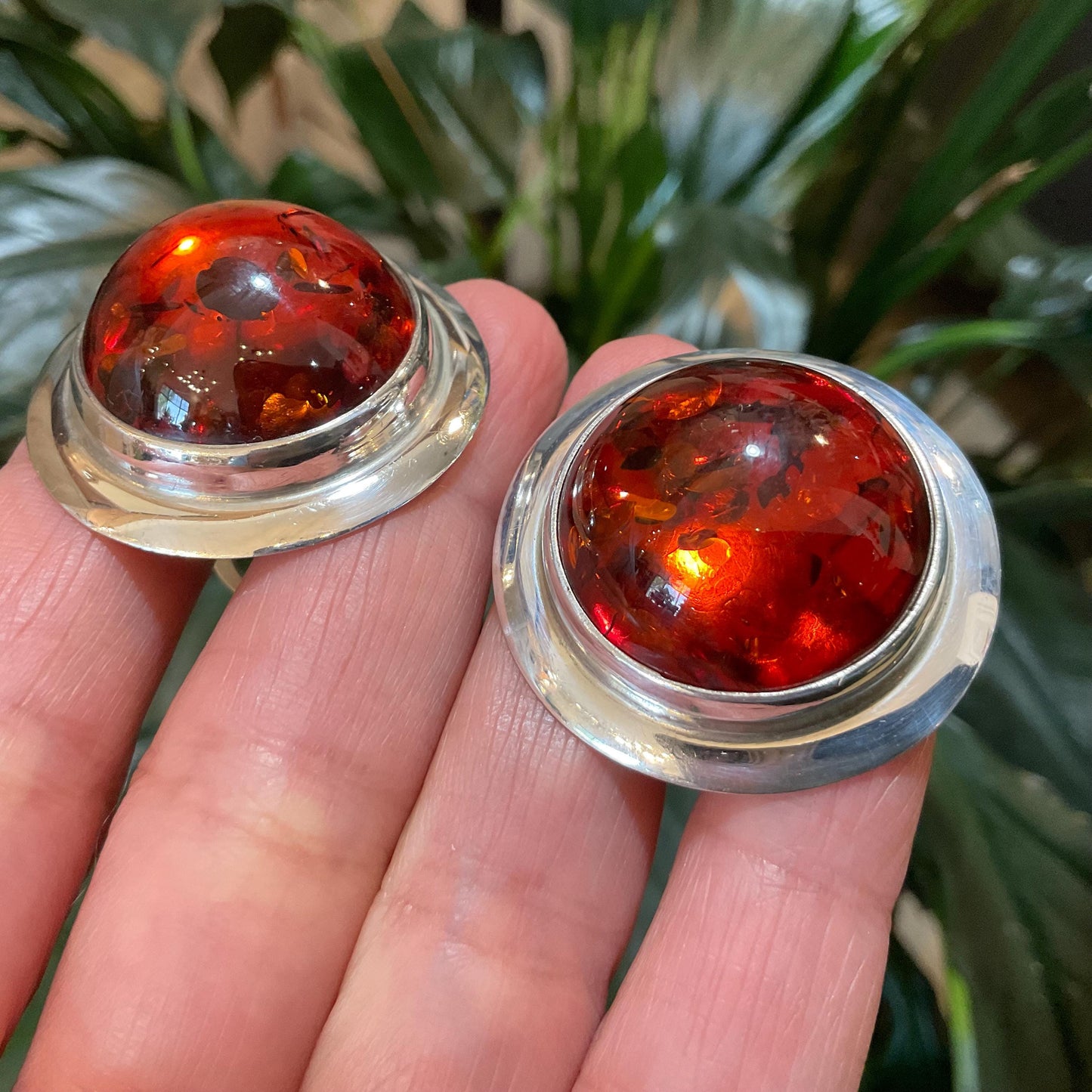 Sterling Silver cognac Amber huge round statement earrings