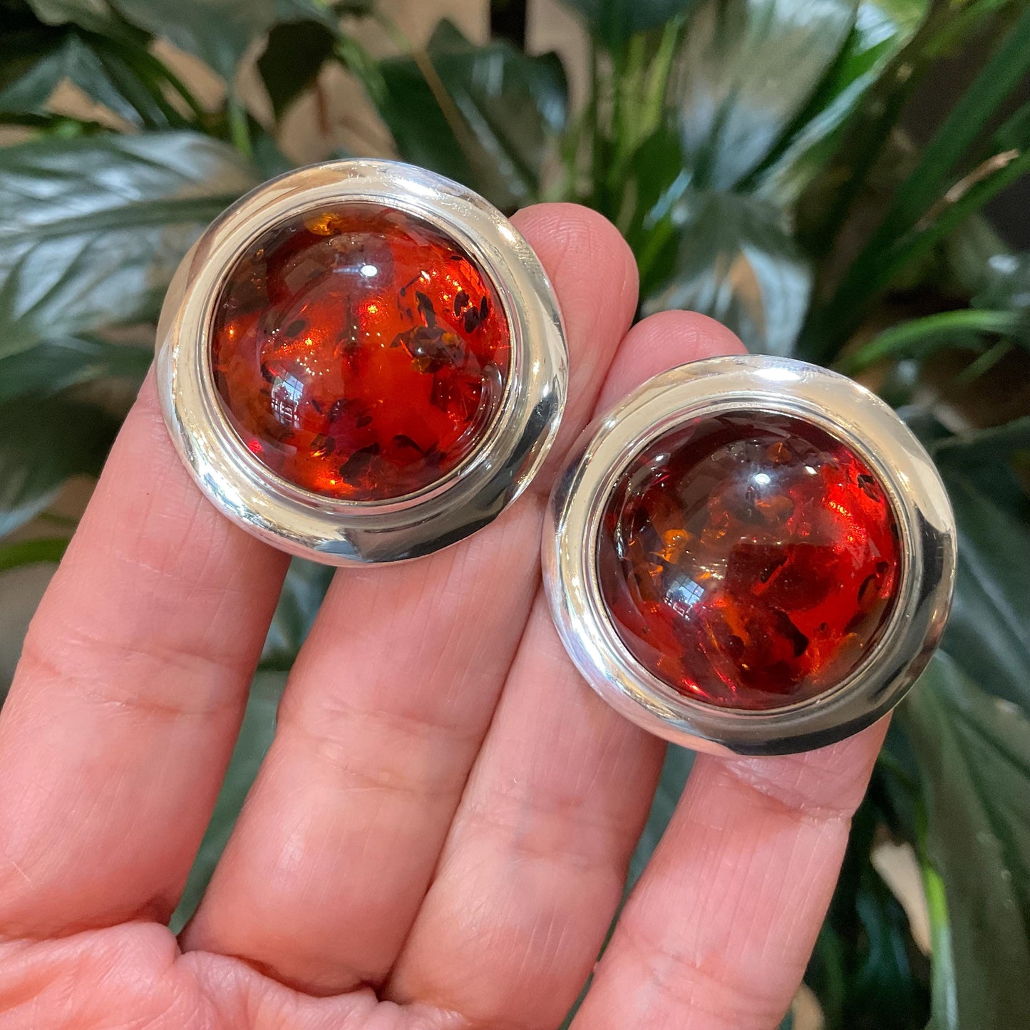 Sterling Silver cognac Amber huge round statement earrings