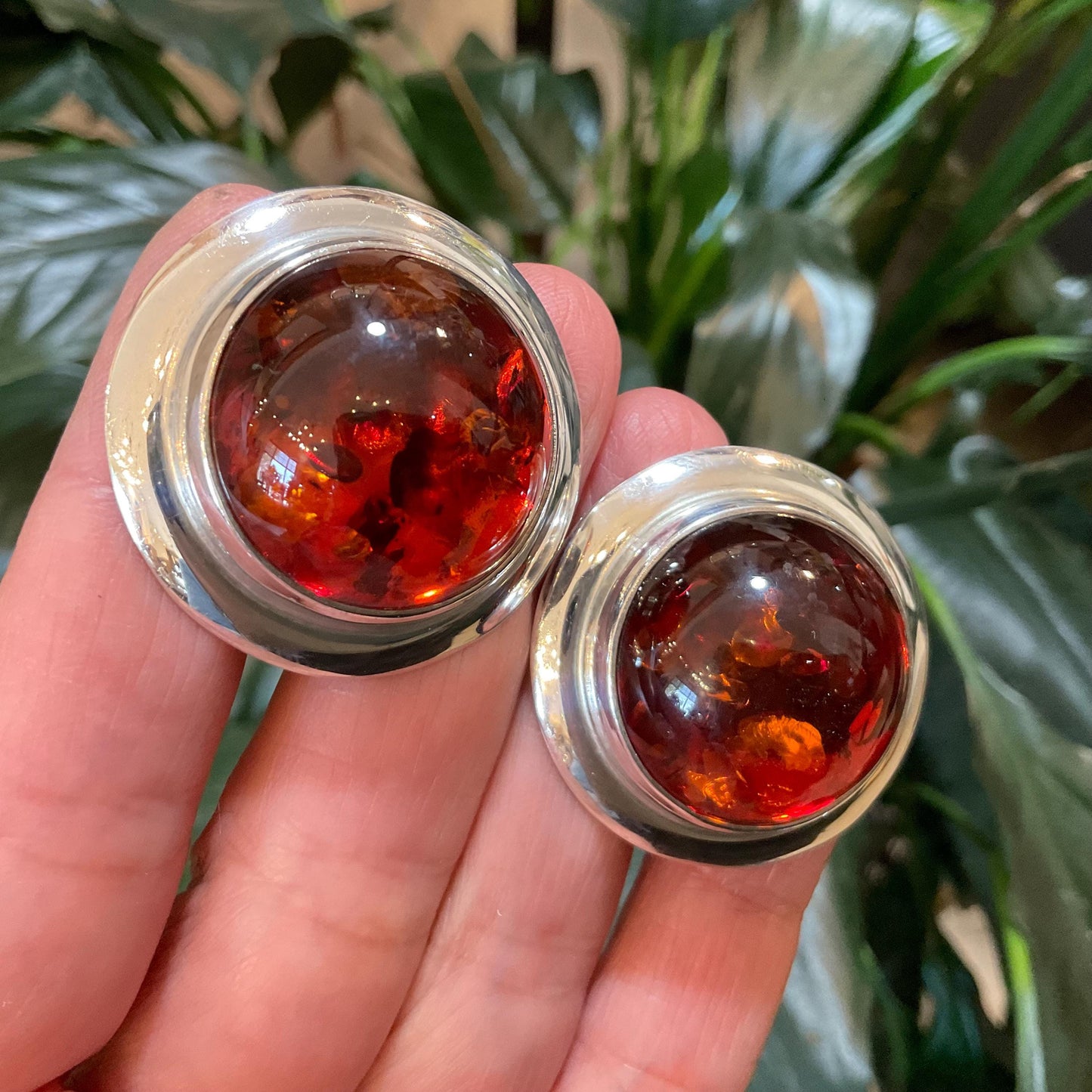 Sterling Silver cognac Amber huge round statement earrings