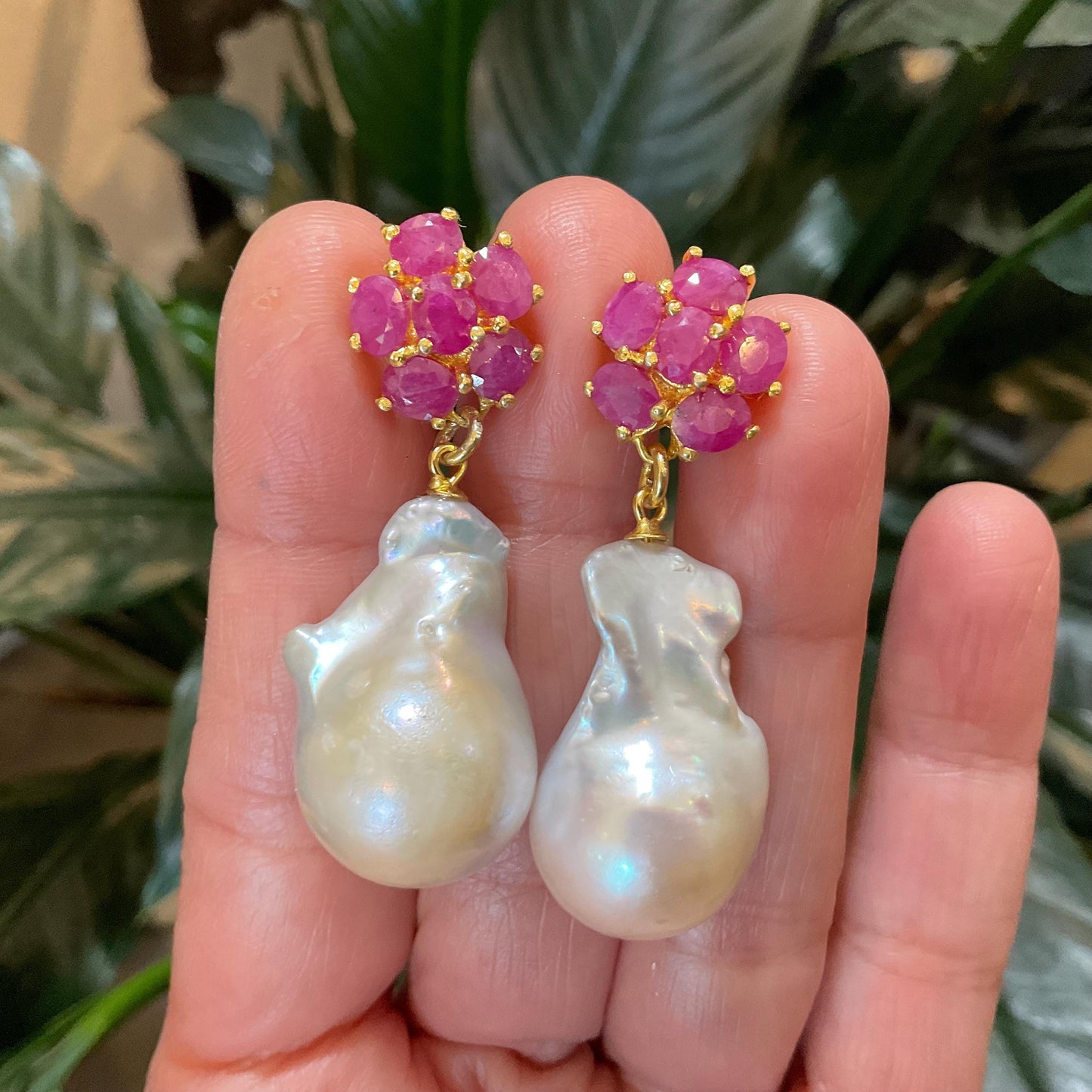 Sterling Silver natural ruby white natural baroque pearl Earrings