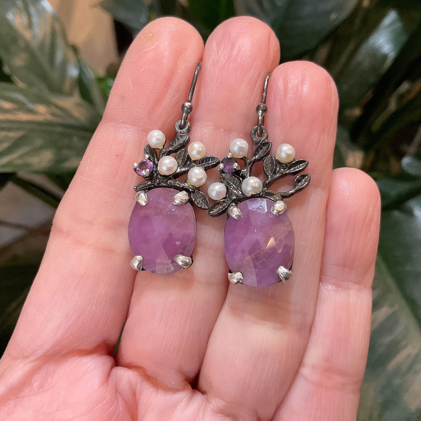 Sterling Silver red star ruby dangle amethyst pearl Earrings