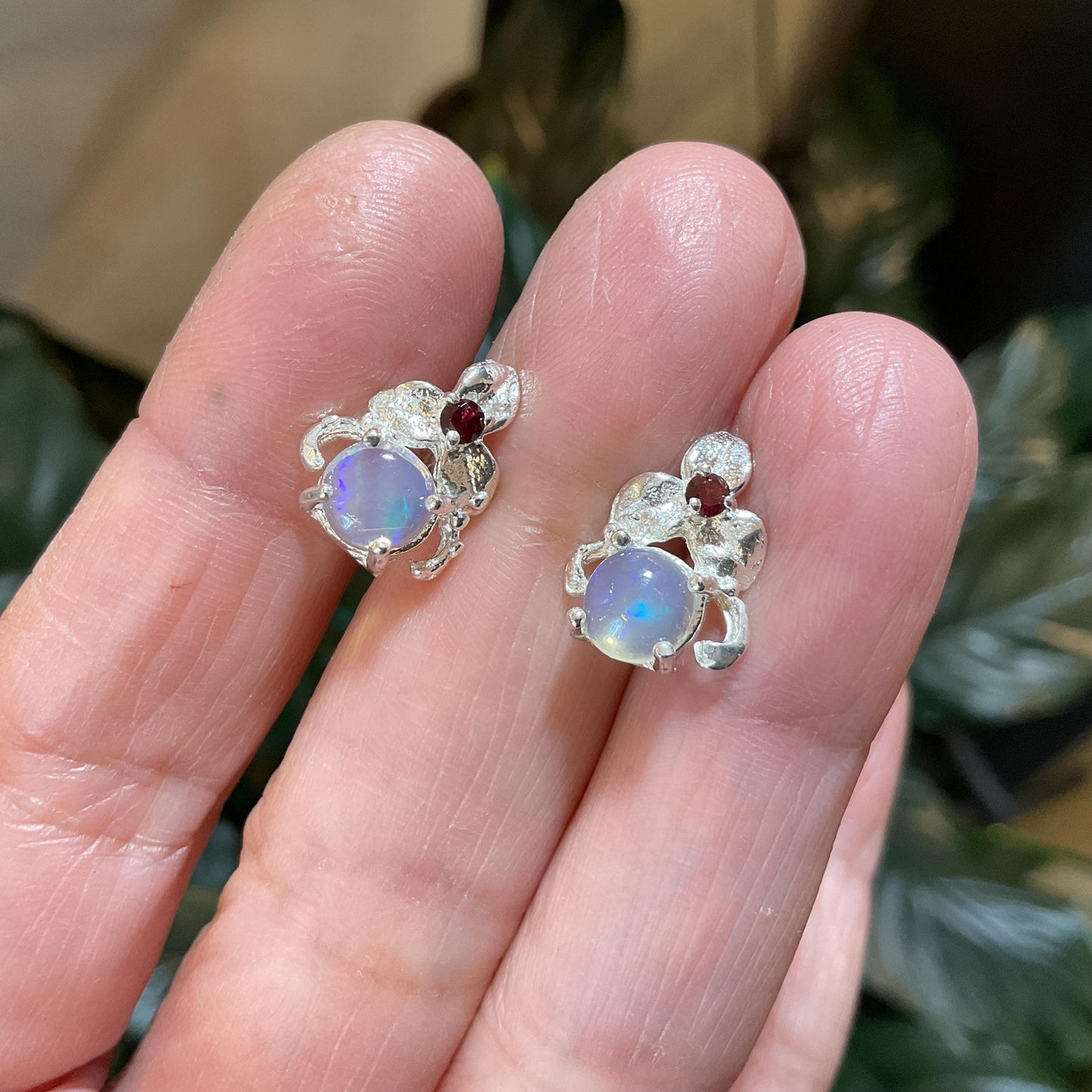 sterling silver rainbow natural opal art Stud rhodokite earrings