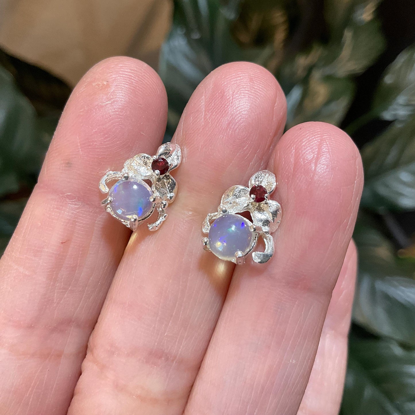 sterling silver rainbow natural opal art Stud rhodokite earrings